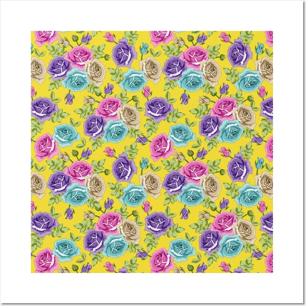 Botanical Roses Seamless Pattern On Yellow Background Wall Art by Designoholic